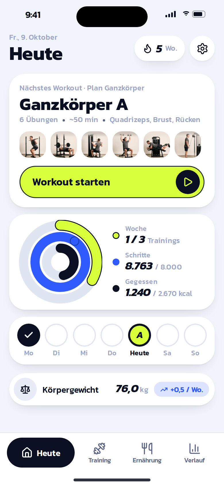 Today screen with the next workout, weekly ring, steps and body weight